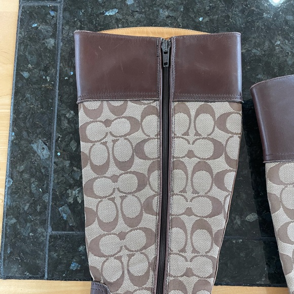 Coach Olivia P156 G2 Tall Heeled Boot Logo Signature Jacquard Brown Leather 7.5 - Picture 9 of 16